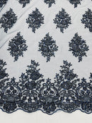 Heavy Bridal Lace Fabric - Navy Blue - Floral Beaded Heavy Lace Fabric Sold by Yard