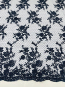 Floral Cluster Corded Fabric - Navy Blue - Fancy Flower Embroidery Lace Mesh Fabric By Yard