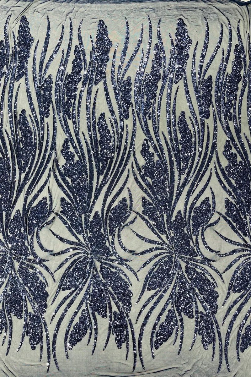 Wavy Leaf Design Fabric - Navy Blue - 4 Way Stretch Sequins Lace Mesh Leaf Design Fabric by Yard