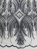 Beaded Line Fabric - Navy Blue - Luxury Bridal Line Pattern Fabric With Beads, Sequins Sold By Yard