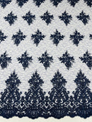 Floral Damask Corded Fabric - Navy Blue - Embroidered Floral Design with Damask Border By Yard