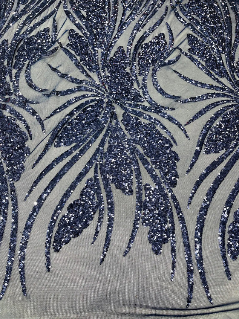 Wavy Leaf Design Fabric - Navy Blue - 4 Way Stretch Sequins Lace Mesh Leaf Design Fabric by Yard