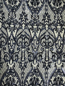 Heart Shape Sequins Fabric - Navy Blue - 4 Way Stretch Sequins Damask Fabric By Yard
