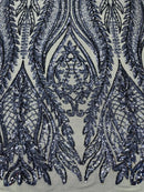 Mermaid Design Fabric - Navy Blue - 4 Way Stretch Sequins Fabric on Lace Mesh Sold By Yard