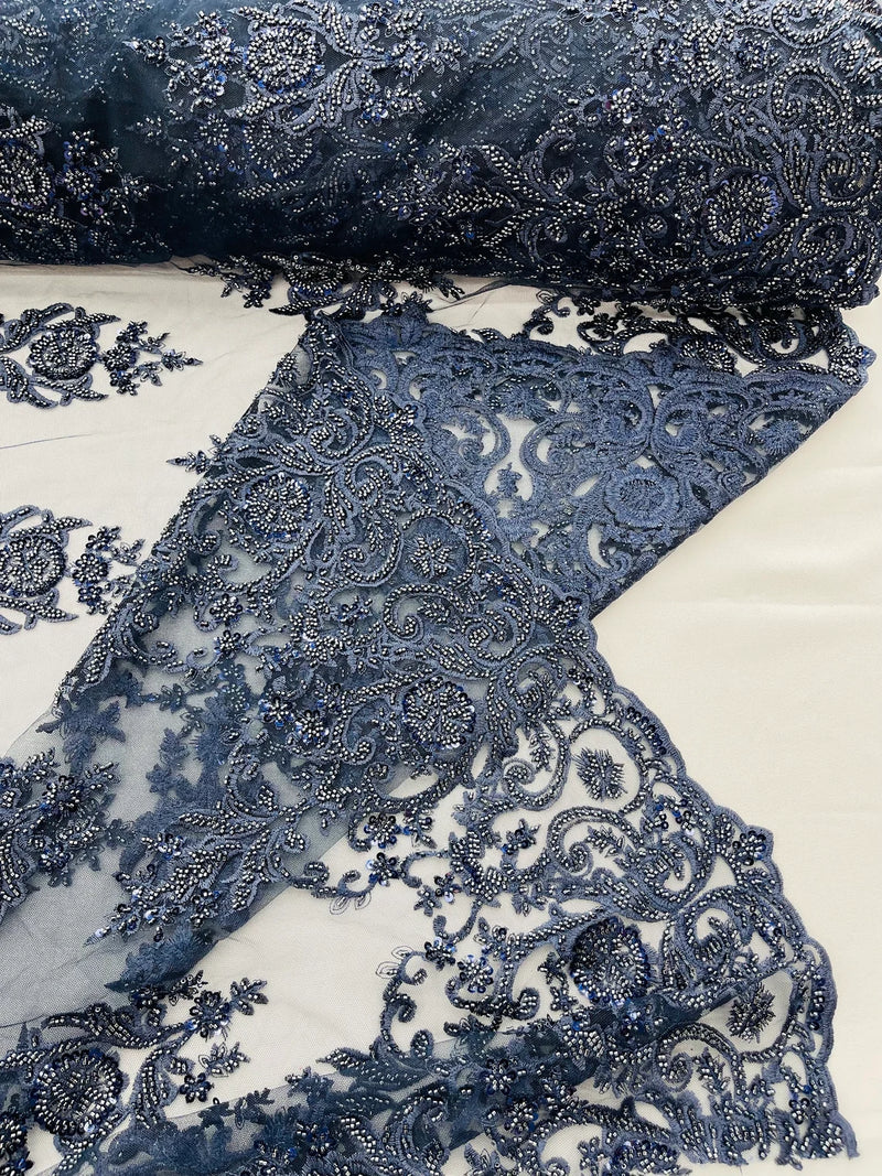 Embroidered Bead Fabric - Navy Blue - Floral Damask Bead Bridal Lace Fabric by the yard