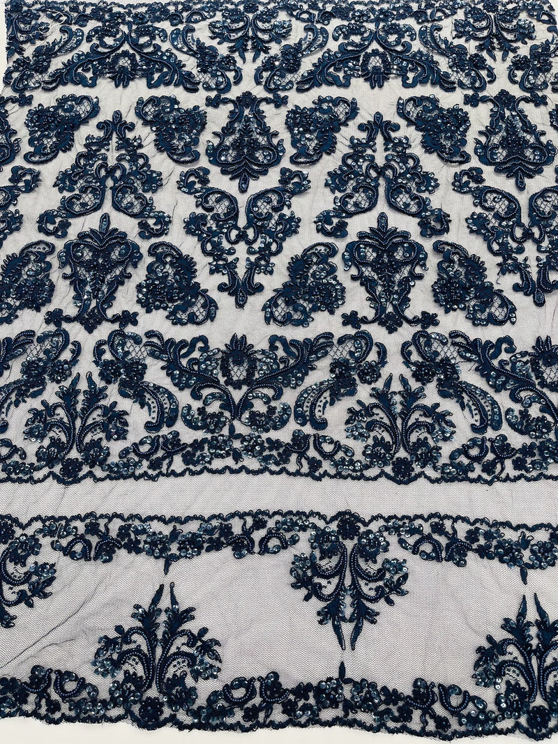 My Lady Beaded Fabric - Navy Blue - Damask Beaded Sequins Embroidered Fabric By Yard