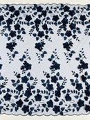 Floral 3D Pearl Fabric - Navy Blue - Embroidered Double Border Flower Design Pearl Fabric By Yard