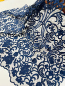 Damask Fancy Design - Navy Blue - Embroidered  Mesh Damask Design Lace Fabric Sold by Yard