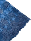 Damask Flower Lace Fabric - Navy Blue - Damask Flowers Embroidered on Lace Fabric By Yard