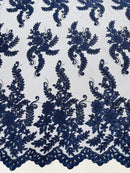 Braid Leaf Designs Lace Fabric - Navy Blue - Embroidered Floral Leaf Pattern on Lace Mesh Fabric By Yard