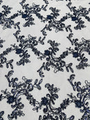 Sequin Lace Floral Fabric - Navy Blue - Flower Embroidered Sequins Lace Fabric Sold By Yard