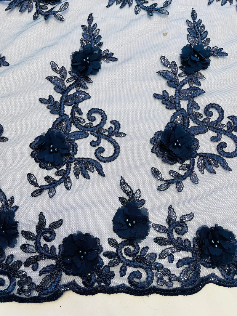 3D Floral Cluster with Border Lace - Navy Blue - Flower with Leaves Design 3D Fabrics Sold By Yard