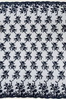 Floral Cluster Corded Fabric - Navy Blue - Fancy Flower Embroidery Lace Mesh Fabric By Yard