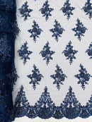Floral Damask Bead Fabric - Navy Blue - Embroidered Floral Clusters with Beads / Sequins by Yard