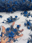 3D Flower Pearl Design - Navy Blue - Embroidered Sequins Floral Clusters Lace Fabric By Yard