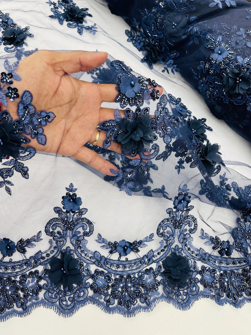 3D Floral Sequins Design - Navy Blue - Embroidered Floral Lace Fabric With Sequins / Pearls By Yard