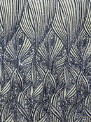 Curvy Design Sequins Fabric - Navy Blue - 4 Way Stretch Curvy Sequins Design Mesh Fabric by Yard
