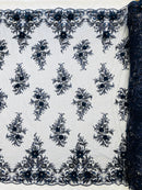 3D Rhinestone Flower Fabric - Navy Blue - 3D Flower Beaded Clusters with Sequins and Rhinestones By Yard