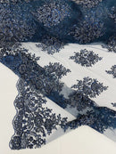 Heavy Bridal Lace Fabric - Navy Blue - Floral Beaded Heavy Lace Fabric Sold by Yard
