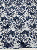 Butterfly Floral Lace Fabric - Navy Blue - Butterfly Flower Metallic Design on Lace Fabric By Yard