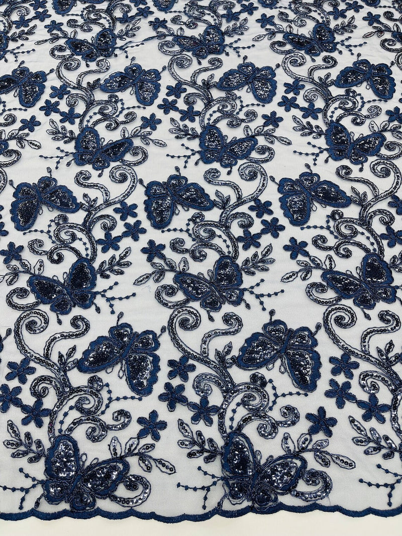 Butterfly Floral Lace Fabric - Navy Blue - Butterfly Flower Metallic Design on Lace Fabric By Yard