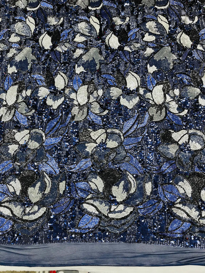 Orchid Flower Sequins Design - Navy Blue - Embroidered 4 Way Stretch Full Of Sequins Fabric Sold By Yard