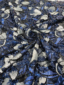 Orchid Flower Sequins Design - Navy Blue - Embroidered 4 Way Stretch Full Of Sequins Fabric Sold By Yard