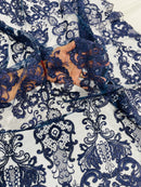 King Lace Design Fabric - Navy Blue - King Design with Sequins Embroidered On Mesh By Yard