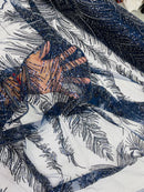 Beaded Line Fabric - Navy Blue - Luxury Bridal Line Pattern Fabric With Beads, Sequins Sold By Yard