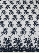 Floral Cluster Corded Fabric - Navy Blue - Fancy Flower Embroidery Lace Mesh Fabric By Yard