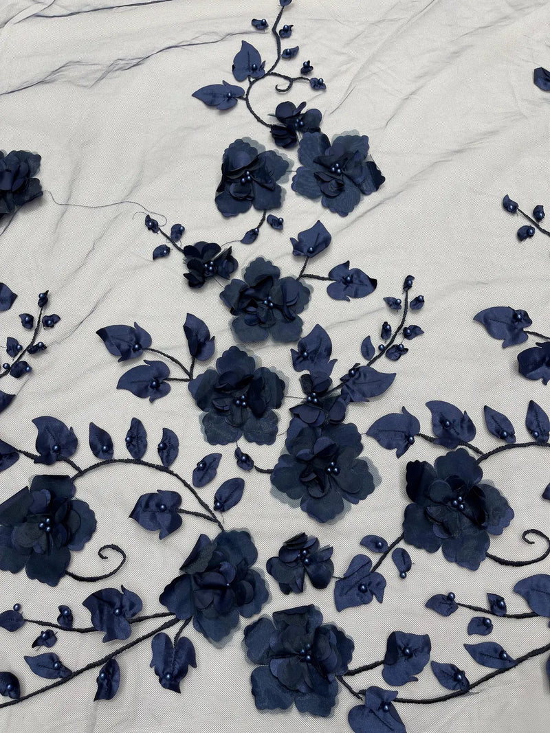 3D Orquidia Floral Lace - Navy Blue - Beautiful Orchid Flower Fabric on Mesh by Yard