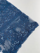 My Lady Beaded Fabric - Navy Blue - Damask Beaded Sequins Embroidered Fabric By Yard