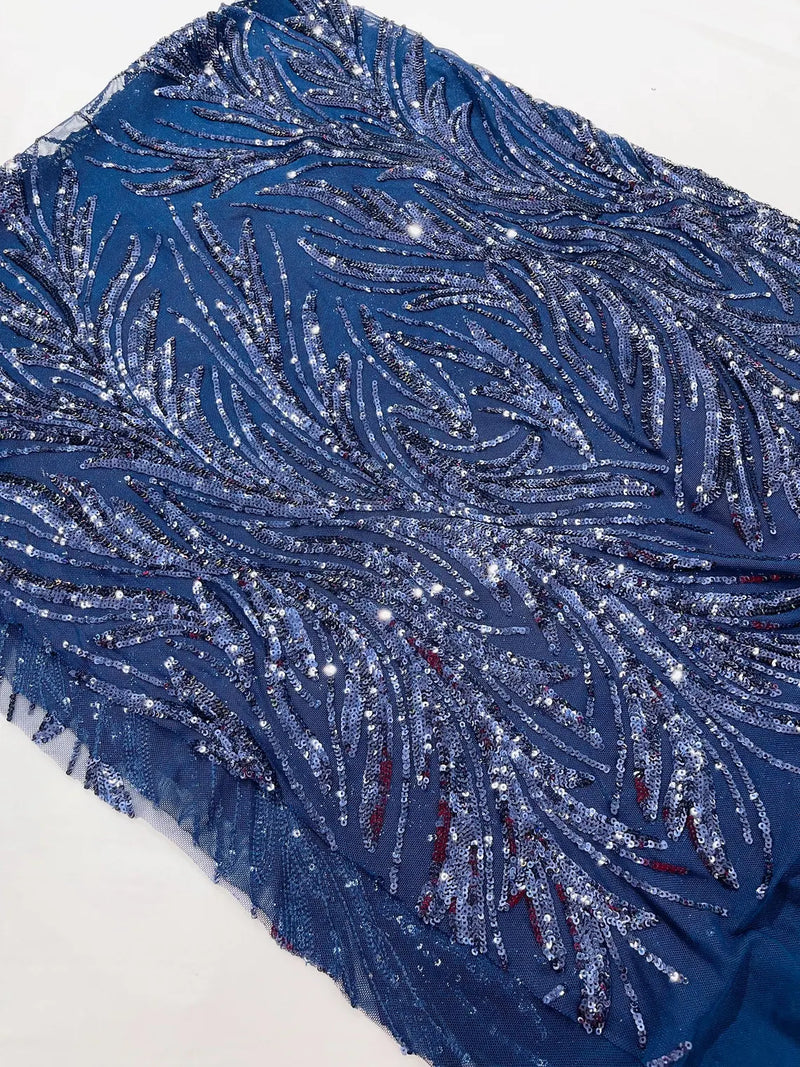 Leaf Stretch Sequins Fabric - Navy Blue - 4 Way Stretch Sequins on Lace Mesh Fabric by Yard