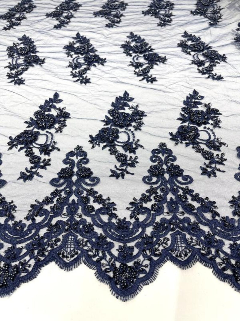 Floral Cluster Beaded Fabric - Navy Blue - Embroidered Flower Beaded Fabric Sold By Yard