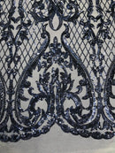 Heart Shape Sequins Fabric - Navy Blue - 4 Way Stretch Sequins Damask Fabric By Yard