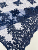 Floral Damask Corded Fabric - Navy Blue - Embroidered Floral Design with Damask Border By Yard