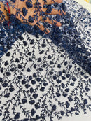 Small Glitter Flower Fabric - Navy Blue - Shimmer Glitter Flower Design on Mesh Lace By The Yard