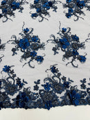 3D Flower Pearl Design - Navy Blue - Embroidered Sequins Floral Clusters Lace Fabric By Yard