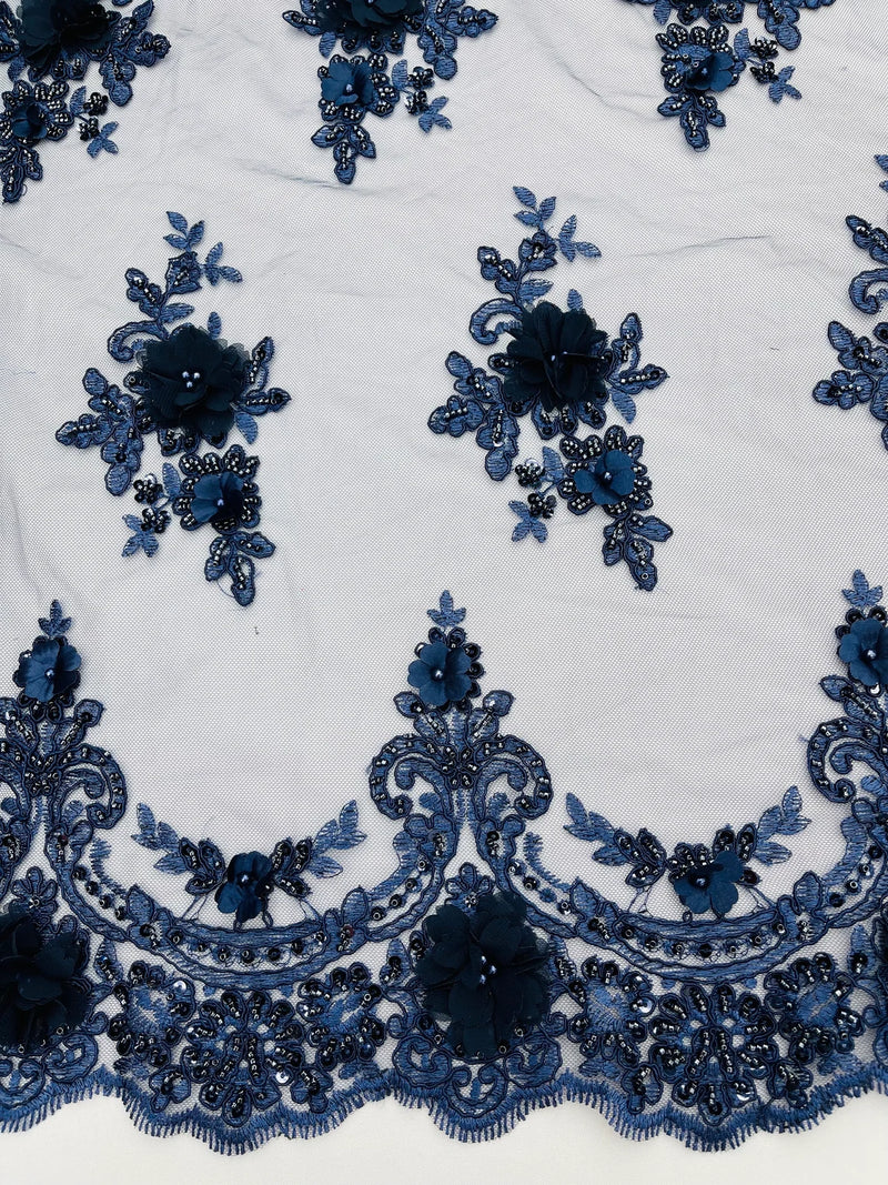 3D Floral Sequins Design - Navy Blue - Embroidered Floral Lace Fabric With Sequins / Pearls By Yard