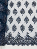 Heavy Bridal Lace Fabric - Navy Blue - Floral Beaded Heavy Lace Fabric Sold by Yard