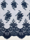 Damask Flower Lace Fabric - Navy Blue - Damask Flowers Embroidered on Lace Fabric By Yard