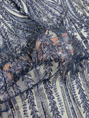 Mermaid Design Fabric - Navy Blue - 4 Way Stretch Sequins Fabric on Lace Mesh Sold By Yard