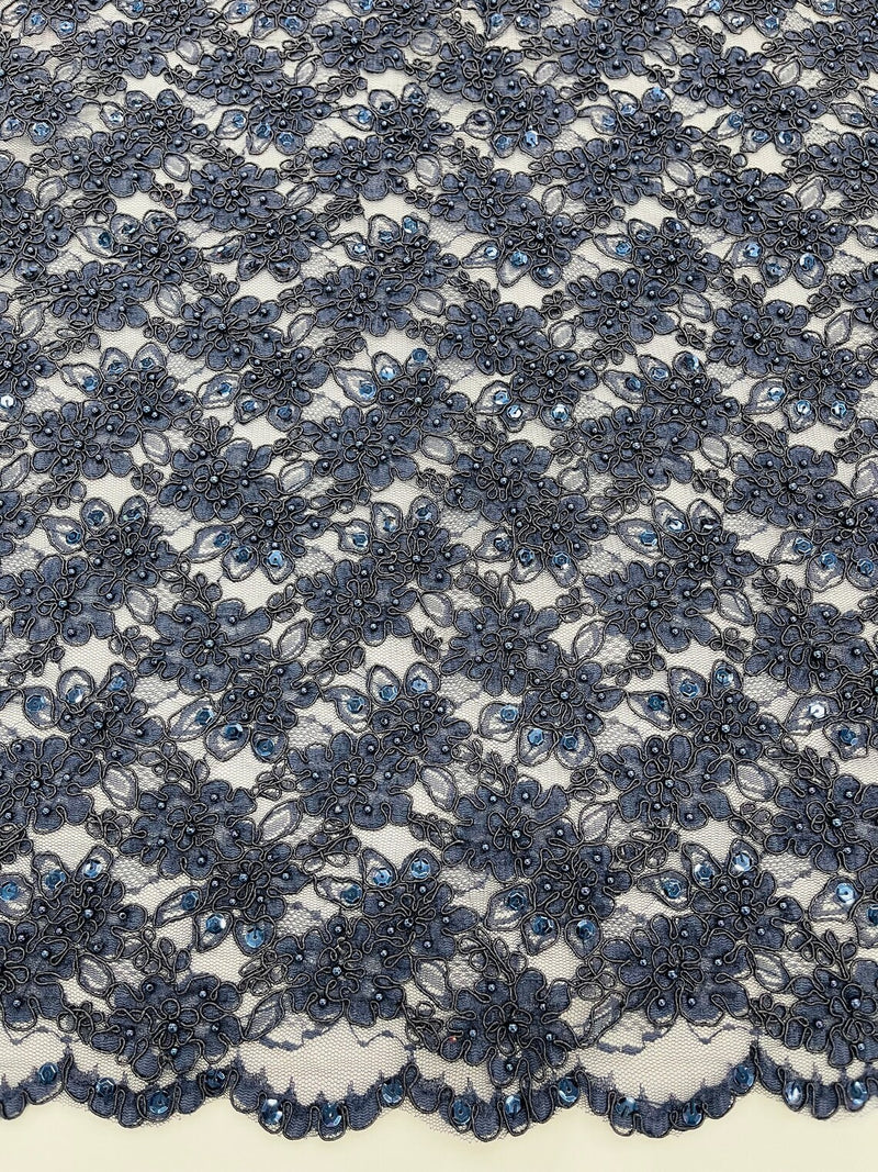 Pearls and Sequins Floral Fabric - Navy Blue - Embroidered Beaded Sequins Fabric Lace By Yard