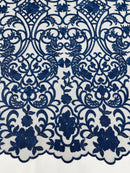 Damask Fancy Design - Navy Blue - Embroidered  Mesh Damask Design Lace Fabric Sold by Yard