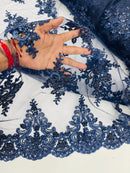 Floral Damask Bead Fabric - Navy Blue - Embroidered Floral Clusters with Beads / Sequins by Yard