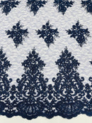 Floral Damask Corded Fabric - Navy Blue - Embroidered Floral Design with Damask Border By Yard