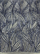 Curvy Design Sequins Fabric - Navy Blue - 4 Way Stretch Curvy Sequins Design Mesh Fabric by Yard