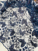 Butterfly Floral Lace Fabric - Navy Blue - Butterfly Flower Metallic Design on Lace Fabric By Yard