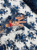 3D Flower Pearl Design - Navy Blue - Embroidered Sequins Floral Clusters Lace Fabric By Yard