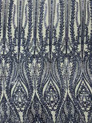 Mermaid Design Fabric - Navy Blue - 4 Way Stretch Sequins Fabric on Lace Mesh Sold By Yard